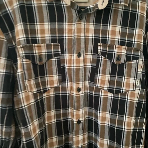 Vans Off The Wall Men’s Large Gold Black Plaid Long Sleeves Button Up Shirt - Picture 4 of 7